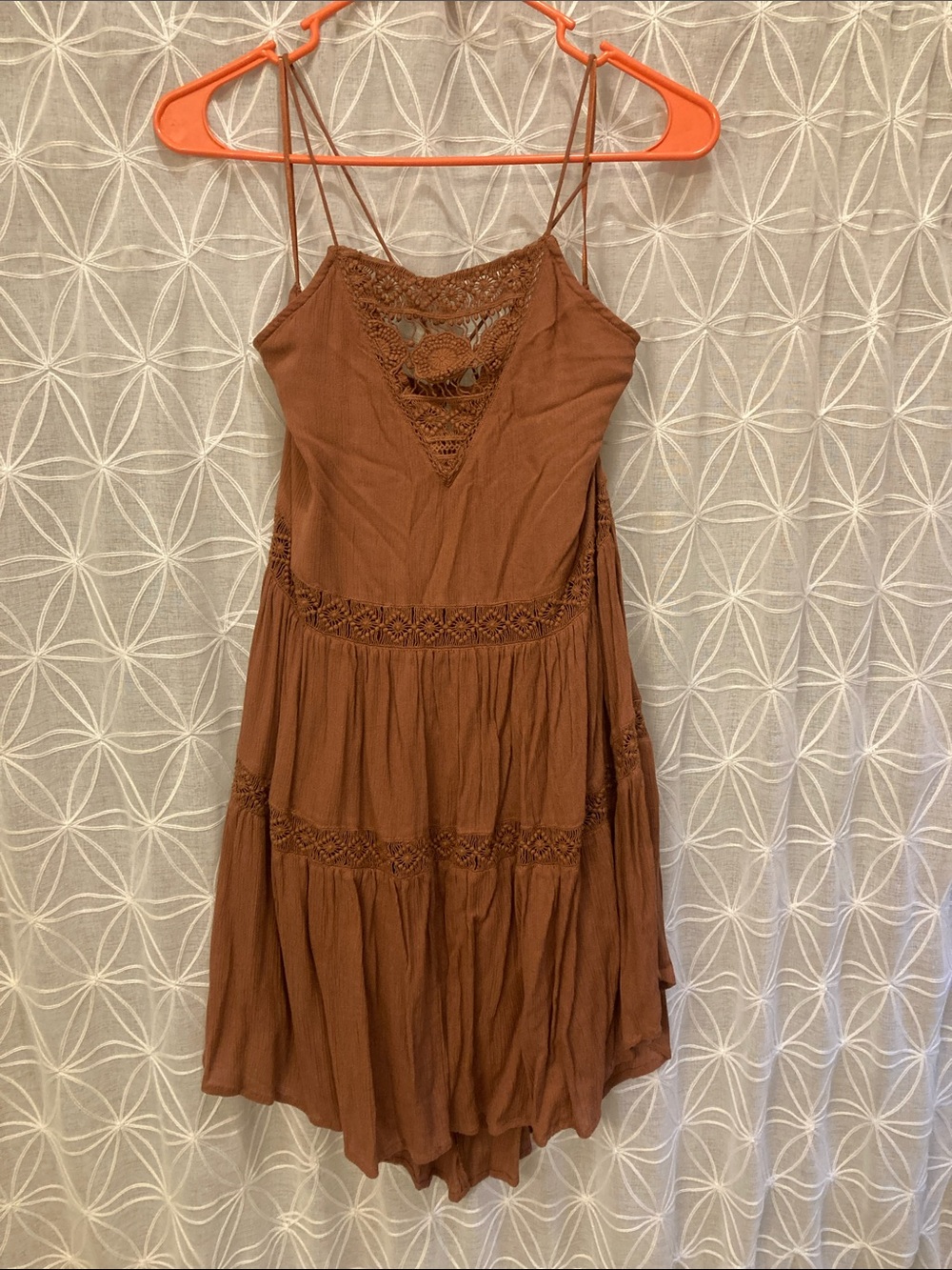 Amuse Society Rust Brown Crochet-Detail Mini Dress